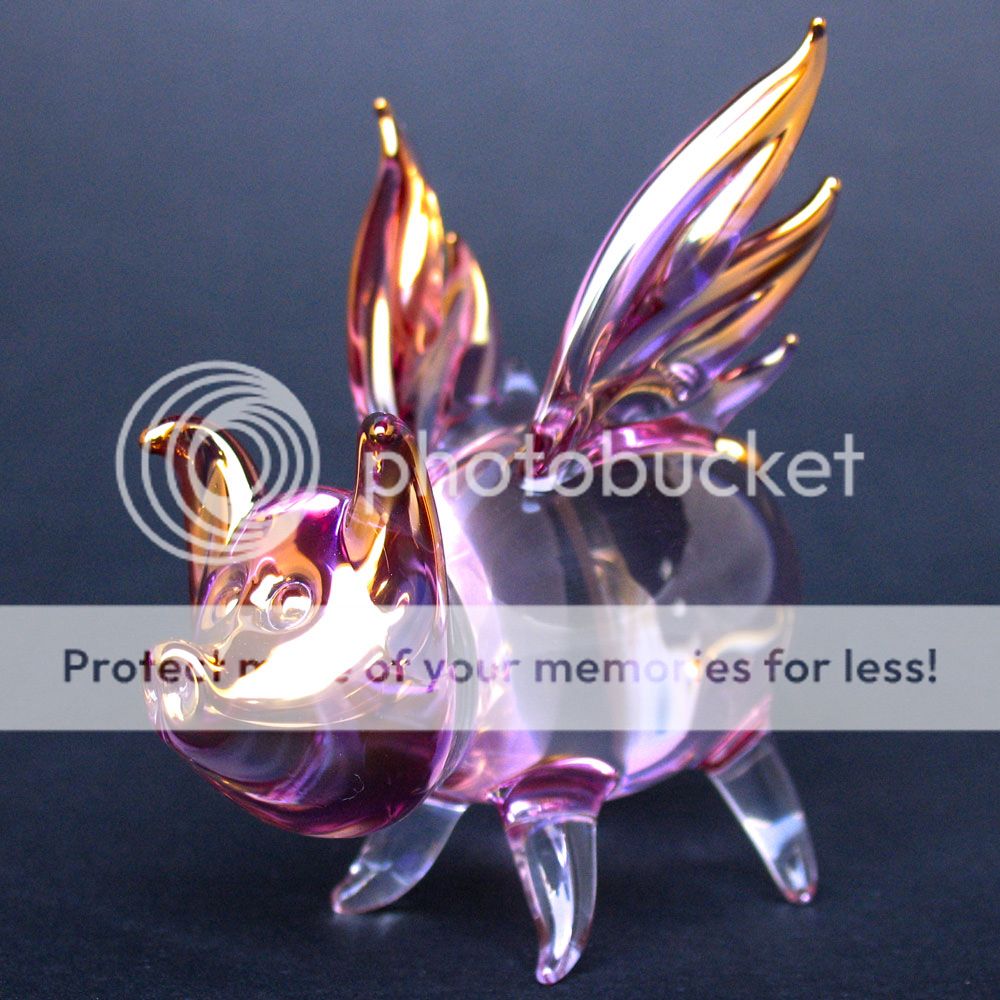 Pig Wings Flying Figurine Purple Pink Gold Blown Glass  